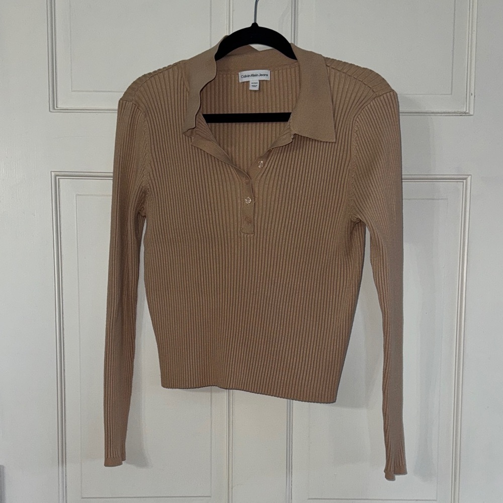 Calvin Klein Beige Ribbed Button-Down Shirt